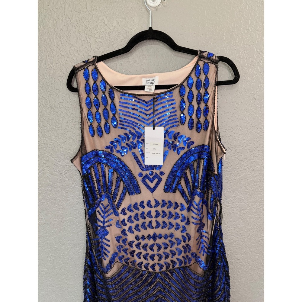 NWT‎ Unique Vintage Flapper Dress 1X/16 Blue Sequin Fringe Whimsy 1920's Gatsby - Picture 4 of 11